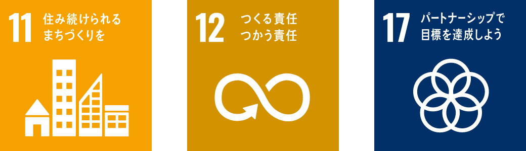 11.住み続けられるまちづくりを、12.つくる責任つかう責任、17.パートナーシップで目標を達成しよう